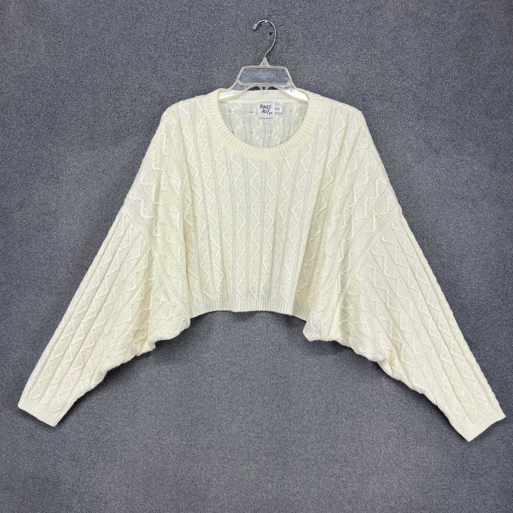 Princess Polly‎ Cable Knit Sweater Womens M/L Ivory Cropped Batwing Sleeve Crew